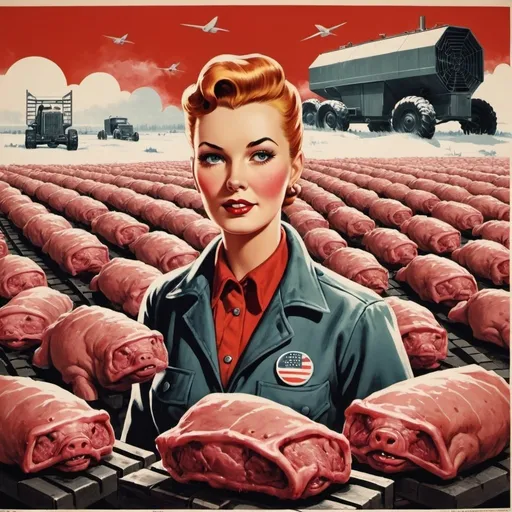 Prompt: Dystopian, poster, 50s, concept art, synth meat farmers, and USA cold war propaganda.

