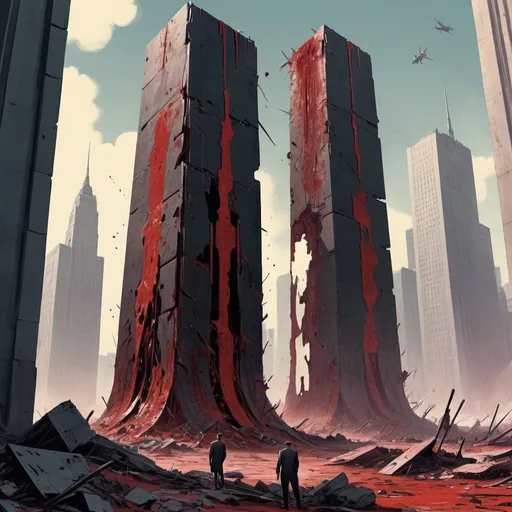 Prompt: Dystopian , poster, 50s, concept art, Bloody boodies around a strange broken monolith of panels and dark tech, and USA 50's propaganda.

