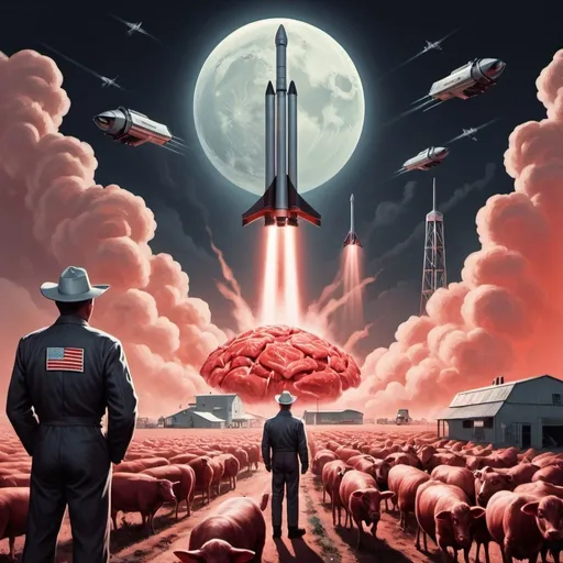 Prompt: Dystopian, poster, 50s, concept art, synth meat farmers, spaceX, and USA cold war propaganda.
