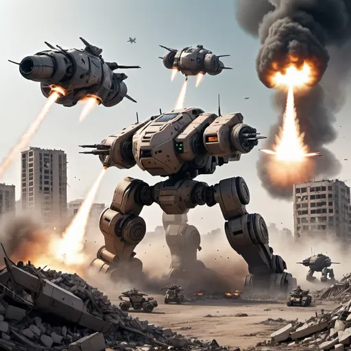 Prompt: 4 Battle-tech Battlemech's on a field of rubble that was once a city, smoke rising on the horizon, giant round drop pod in the sky, under attack by fighter jets.