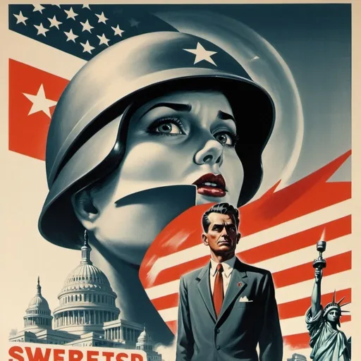 Prompt: Dystopian, poster, 50s, concept art, big internet business, and USA cold war propaganda.
