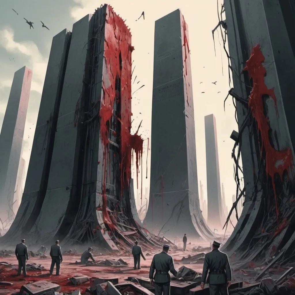 Prompt: Dystopian , poster, 50s, concept art, Bloody boodies around a strange broken monolith of panels and dark tech, Dead bodies around pillar. and USA 50's propaganda.


