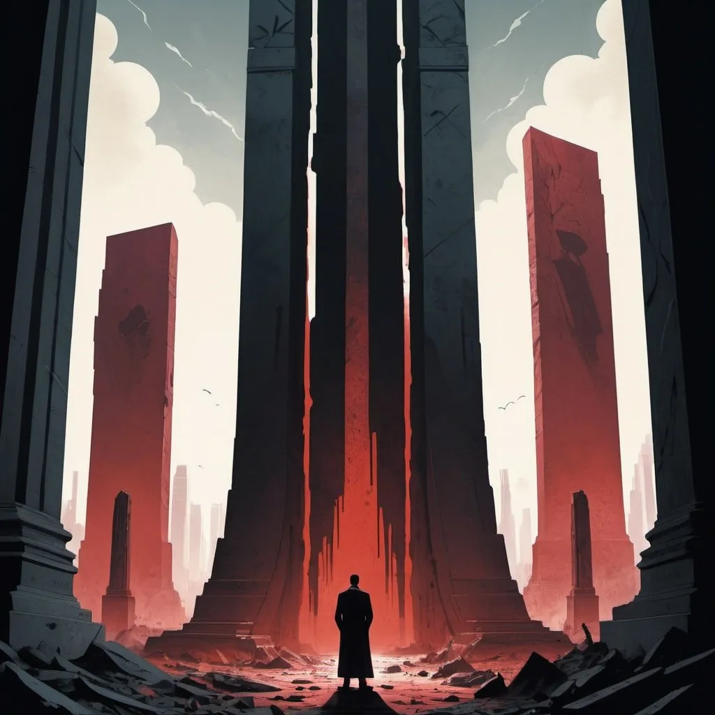 Prompt: Dystopian , poster, 50s, concept art, Bloody boodies around a strange broken monolith of panels and dark tech,  a tall hunched man made of shadow shapes stands in front looking at the pillar. and USA 50's propaganda.

