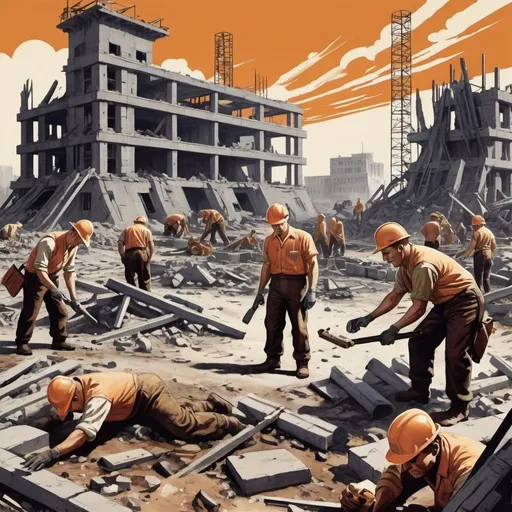 Prompt: Dystopian , poster, 50s, concept art, Bodies of construction workers scattered around ruins of a research base, and USA 50's propaganda.

