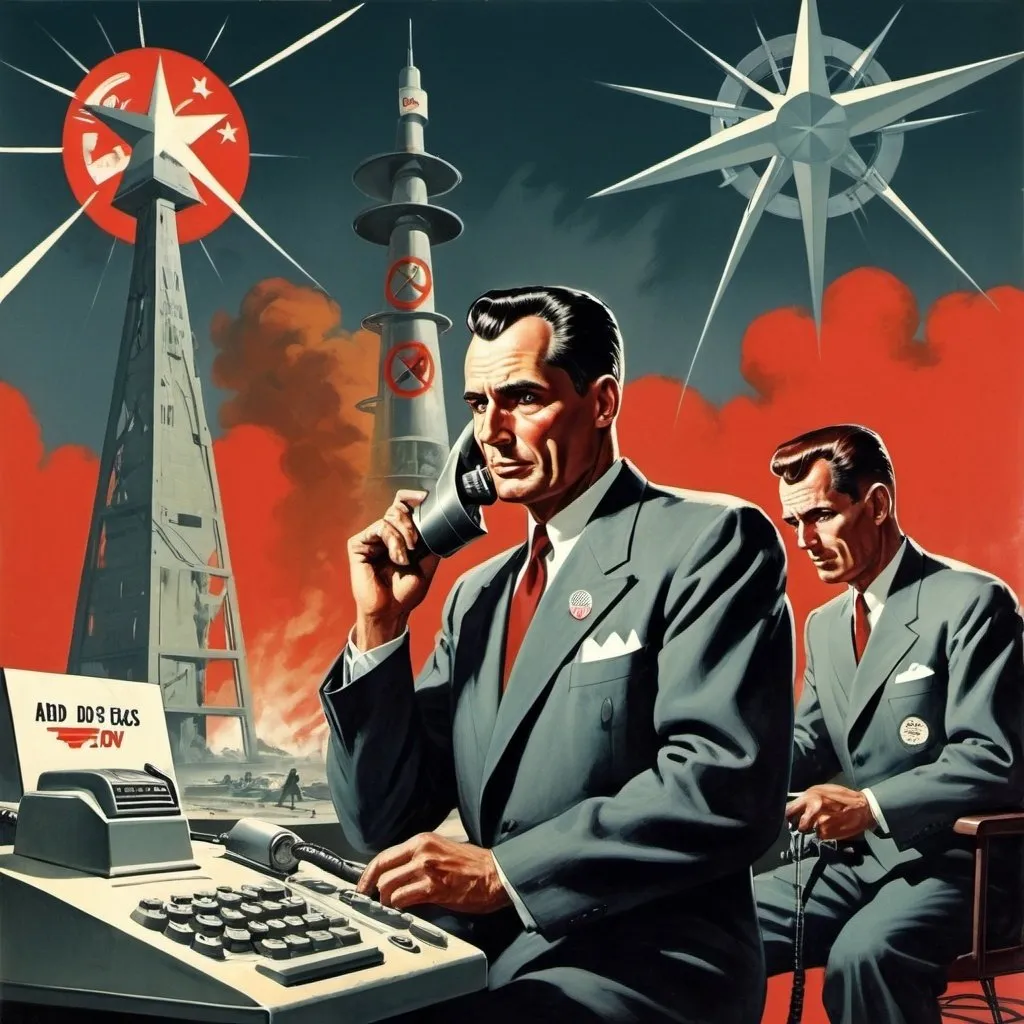 Prompt: Dystopian, poster, 50s, concept art, Telecom companies acting shaddy, and USA cold war propaganda.
