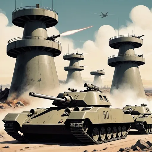 Prompt: Dystopian , poster, 50s, concept art,  line of bunker gun turrets, and 50's propaganda.


