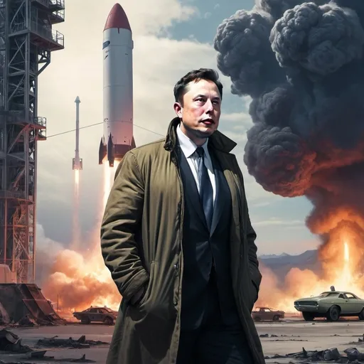 Prompt: Dystopian, poster, 50s, concept art, Elon musk, hiding from rioters outside spaceX, and USA cold war propaganda.
