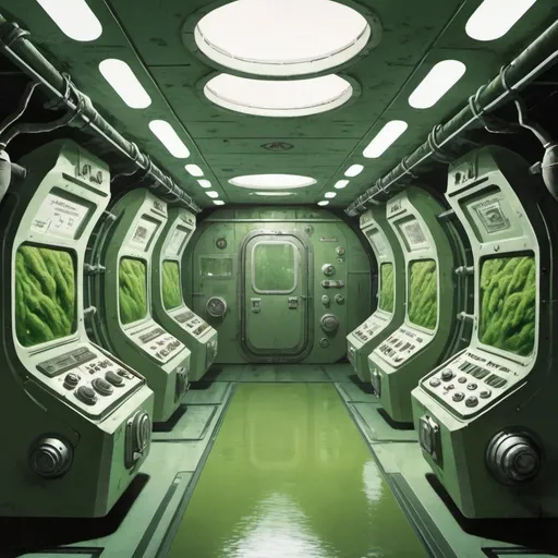 Prompt: Dystopian, poster, 50s, concept art, Algae vats on a space station, and USA cold war propaganda.
