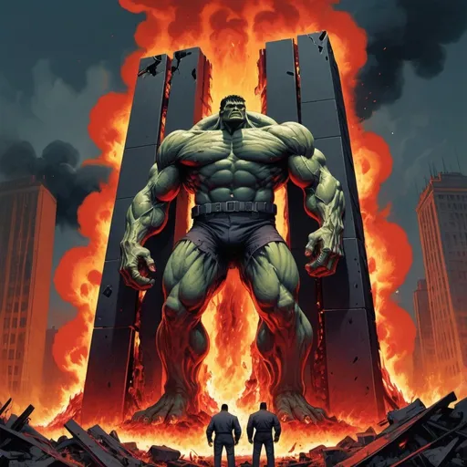 Prompt: Dystopian , poster, 50s, concept art, Bloody boodies around a strange broken monolith of panels and dark tech,  Hulking huge dark machine coverd in flames. and USA 50's propaganda.

