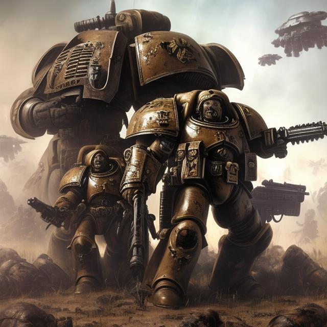 Prompt: landscape, artstation, High concept, war-hammer 40k, detailed: Space marine standing next to Astra Militarum soldiers smiling.