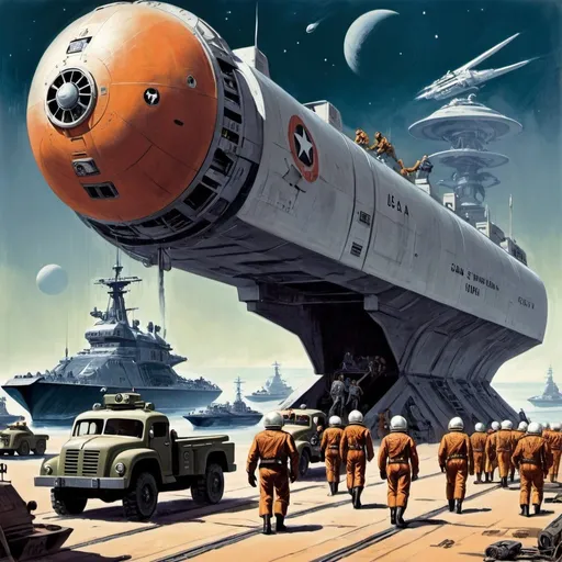 Prompt: Dystopian , poster, 50s, concept art, space Troops disembarking sci-fi ship on cargo laden landing pad, and USA 50's propaganda.


