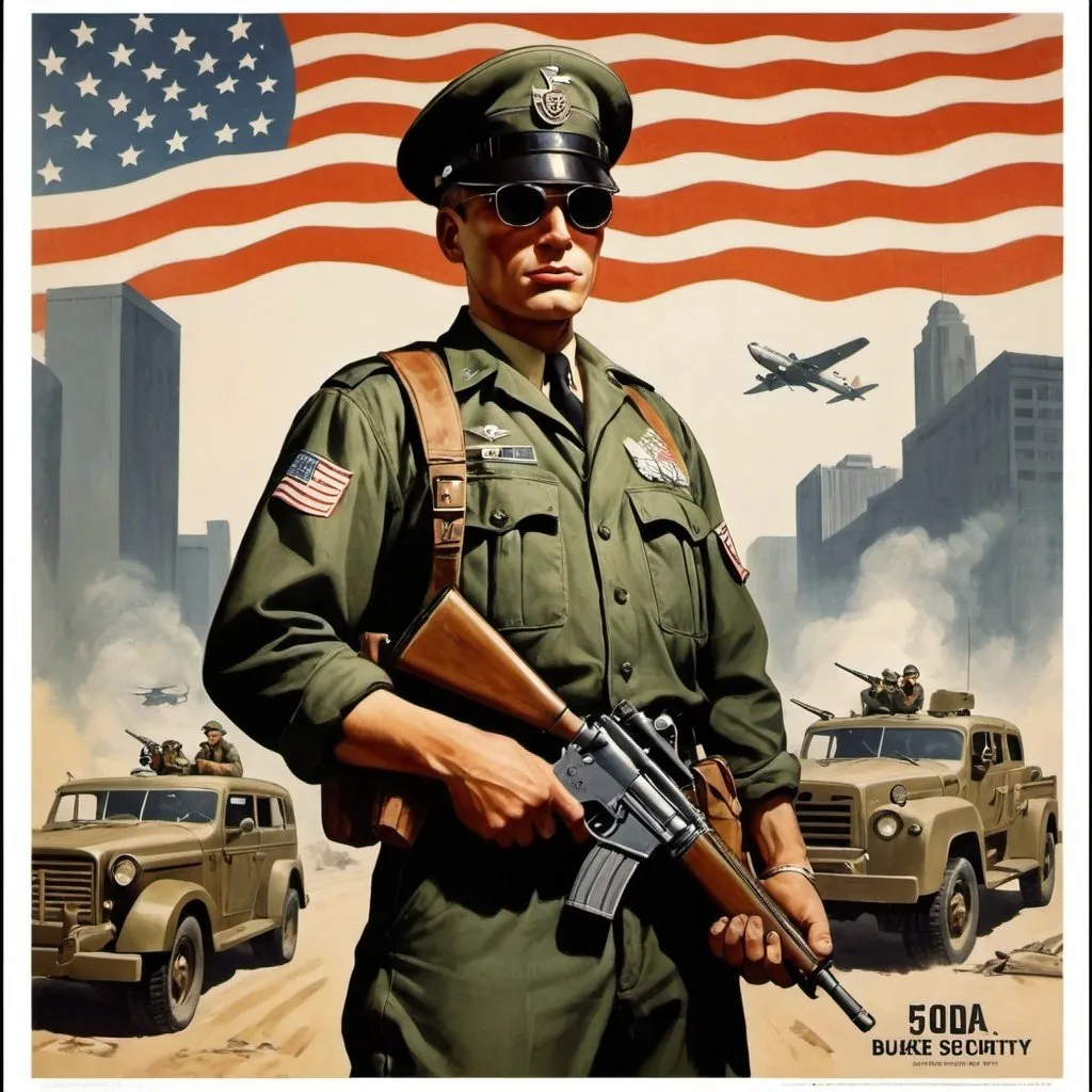 Prompt: Dystopian , poster, 50s, concept art, Bukers,secuirty,army,  and USA 50's propaganda.


