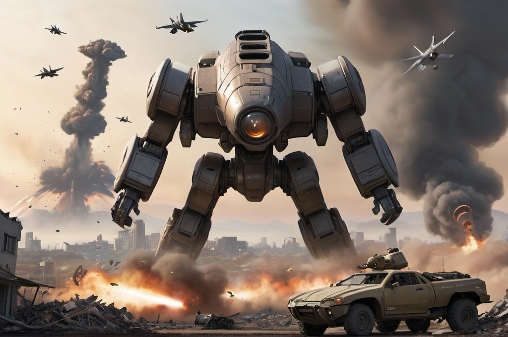 Prompt: mech's on a field of rubble that was once a city, smoke rising on the horizon, giant round drop pod in the sky, under attack by fighter jets.