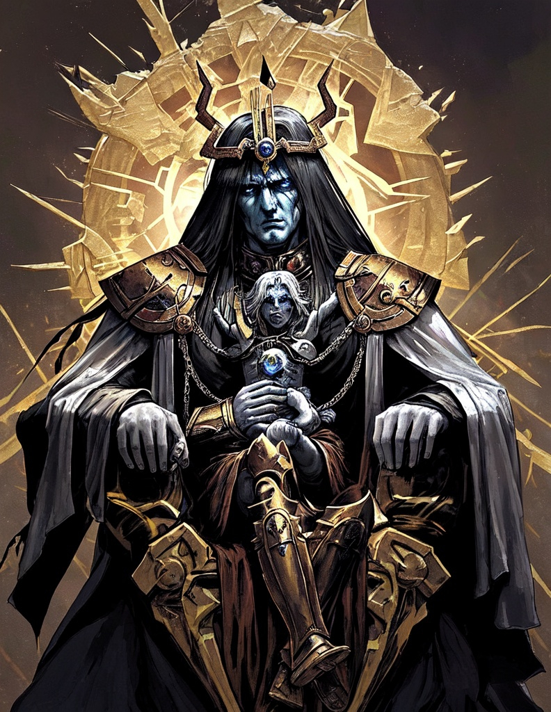 Prompt: he Emperor of Mankind also referred to by the Imperial Cult and the Adeptus Ministorum as the God-Emperor of Mankind is the sovereign ruler of the Imperium of Man, and Father, Guardian, and God of the human race. He has sat immobile within the Golden Throne of Terra for ten thousand years. Although once a living man, His shattered body can no longer support life, and remains intact only by a combination of ancient technology and the sheer force of His will, itself sustained by the soul-sacrifice of countless millions of psykers.[2]