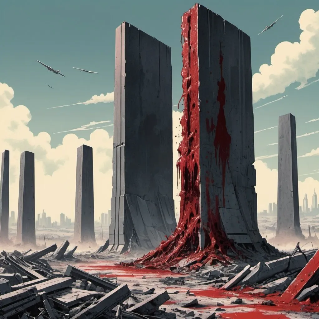 Prompt: Dystopian , poster, 50s, concept art, Bloody boodies around a strange broken monolith of panels and dark tech, Dead bodies around pillar. and USA 50's propaganda.


