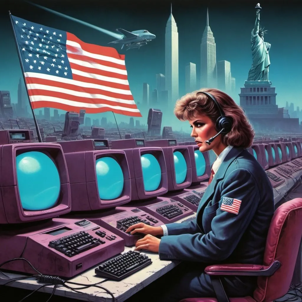 Prompt: Dystopian, poster, 80s, concept art, telecommunications internet business, and USA 80's propaganda.
