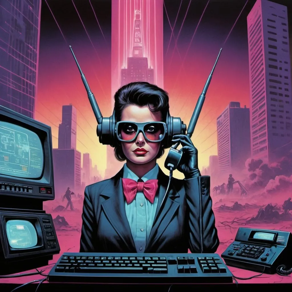 Prompt: Dystopian, poster, 80s, concept art, telecommunications internet business, and USA 80's propaganda.
