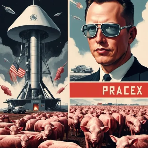 Prompt: Dystopian, poster, 50s, concept art, synth meat farmers, spaceX, and USA cold war propaganda.
