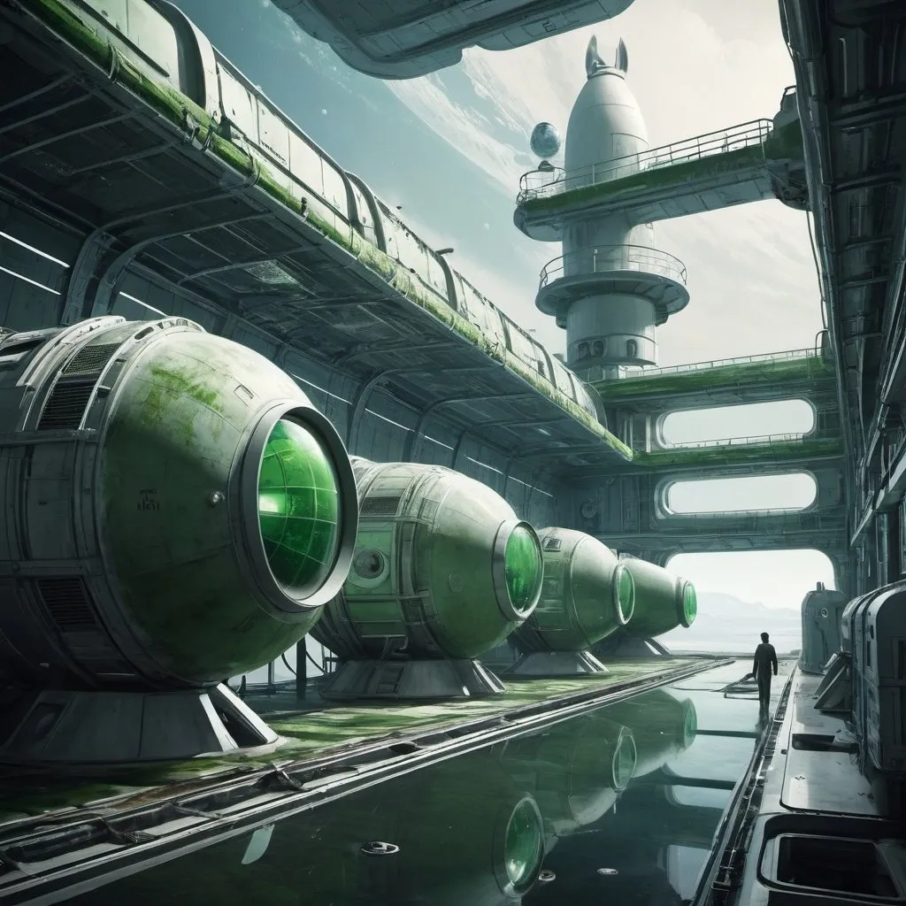 Prompt: Dystopian, poster, 50s, concept art, Algae vats on a space station, spaceX, and USA cold war propaganda.
