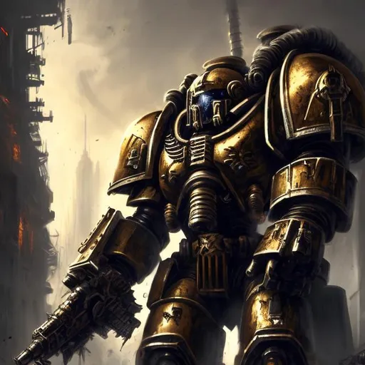 Prompt: Realism, shifting perspective, dynamic lighting, Exotic ,High detail, complex, Art station,Bold, space marine, tall, gold armor,foggy, dark atmosphere, 40k, gritty, imperial, deadly, huge, towering, imposing