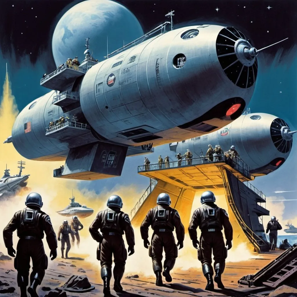 Prompt: Dystopian , poster, 50s, concept art, space Troops disembarking sci-fi ship on cargo laden landing pad, and USA 50's propaganda.


