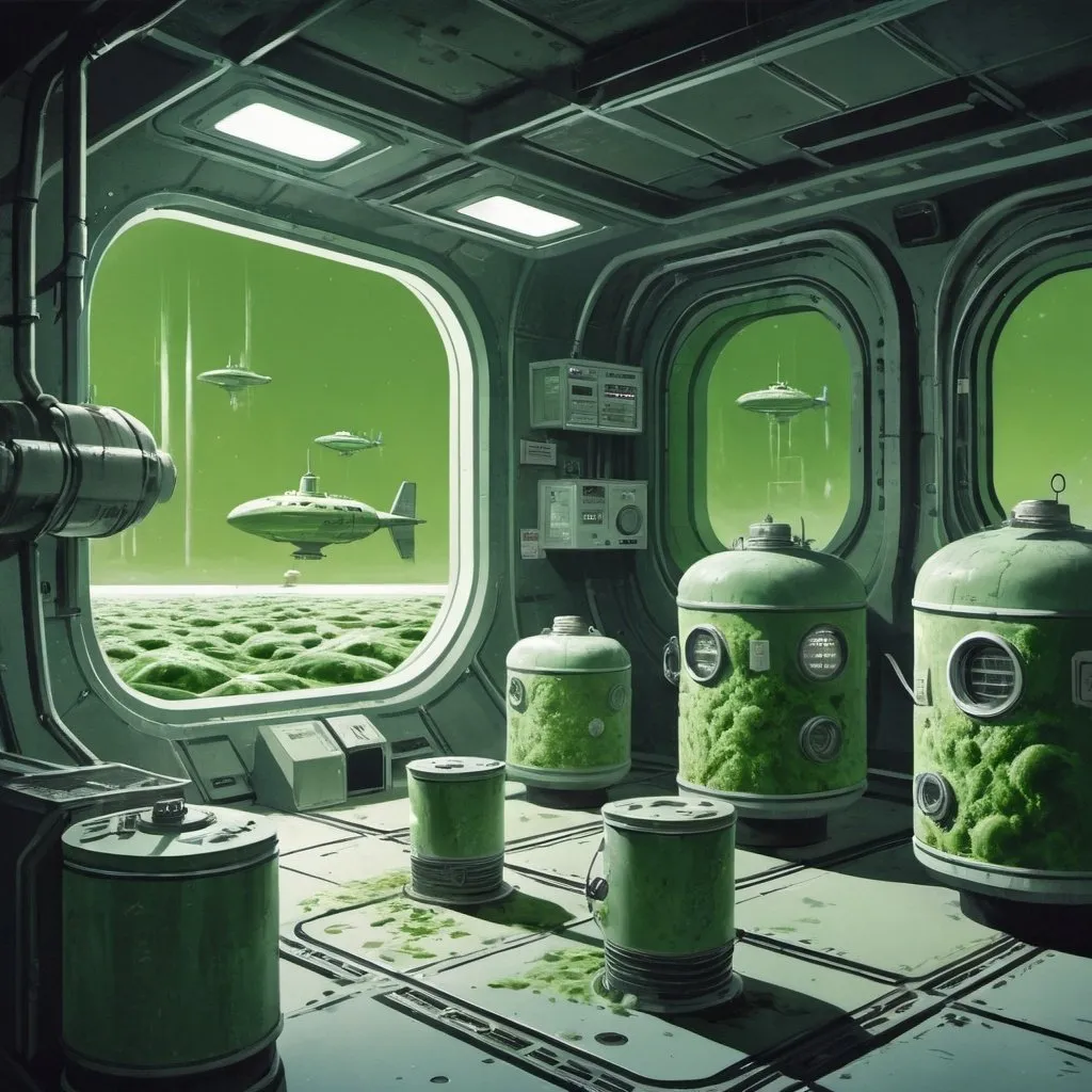 Prompt: Dystopian, poster, 50s, concept art, Algae vats on a space station, and USA cold war propaganda.
