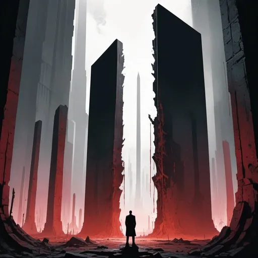 Prompt: Dystopian , poster, 50s, concept art, Bloody boodies around a strange broken monolith of panels and dark tech,  a tall hunched man made of shadow shapes stands in front looking at the pillar. and USA 50's propaganda.


