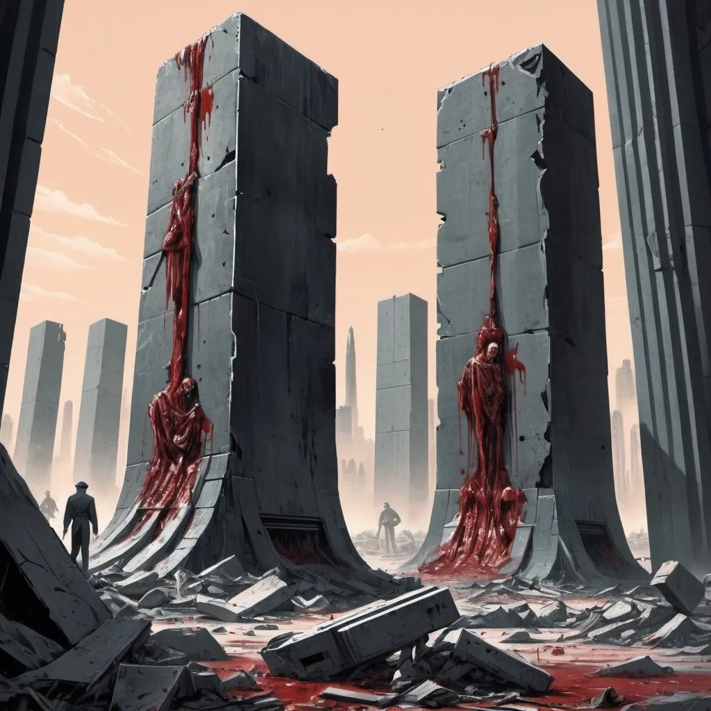 Prompt: Dystopian , poster, 50s, concept art, Bloody boodies around a strange broken monolith of panels and dark tech, Dead bodies around pillar. and USA 50's propaganda.


