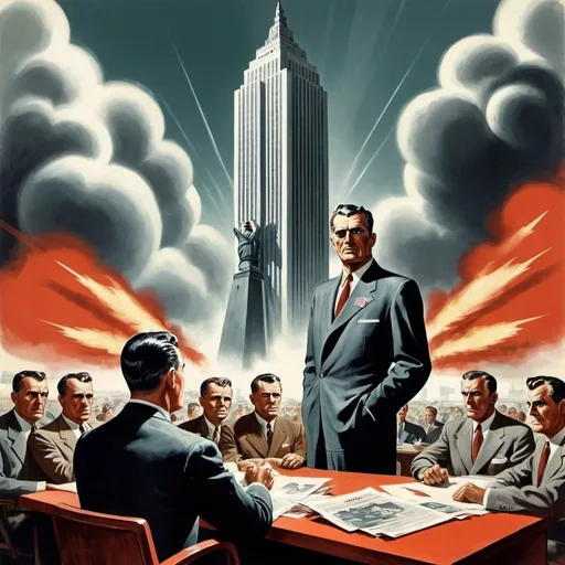 Prompt: Dystopian, poster, 50s, concept art, big corporate business, and USA cold war propaganda.

