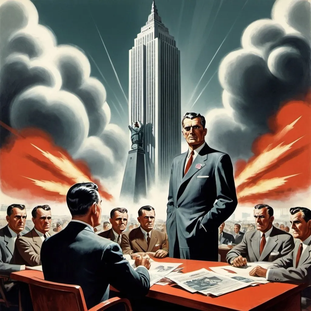 Prompt: Dystopian, poster, 50s, concept art, big corporate business, and USA cold war propaganda.
