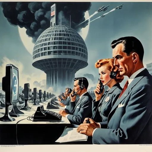 Prompt: Dystopian, poster, 50s, concept art, about AT&T telecoms industry, and USA cold war propaganda.
