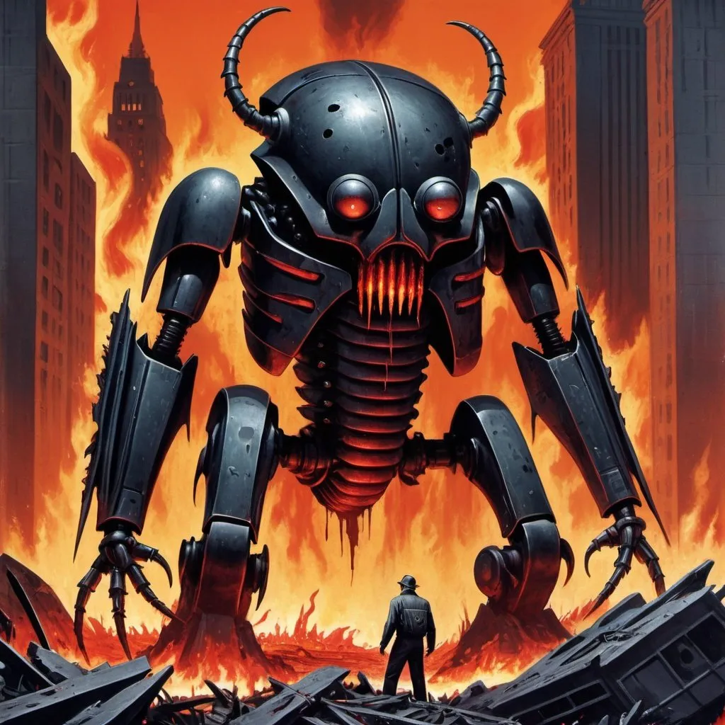 Prompt: Dystopian , poster, 50s, concept art, Bloody Boodies around a strange broken monolith of panels and dark tech, huge dark beetle monster machine covered in flames. and USA 50's propaganda.

