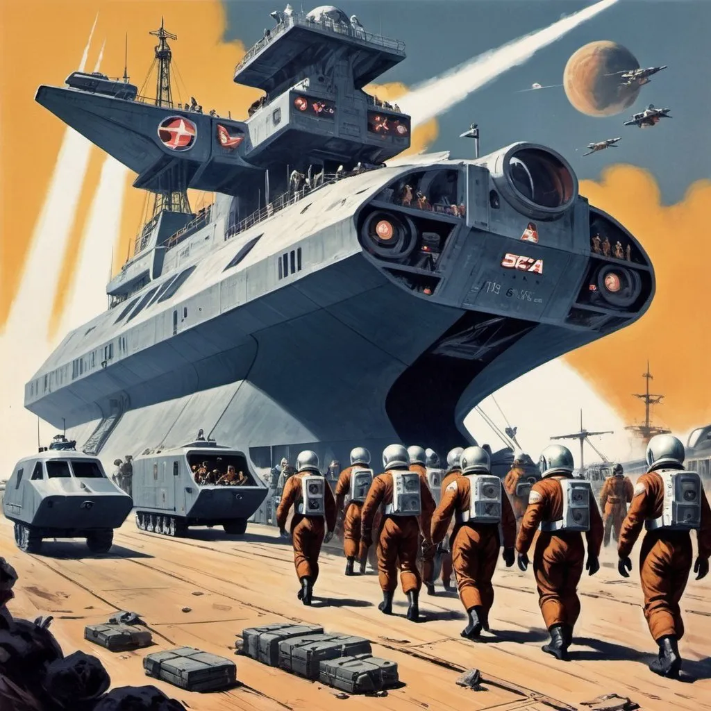 Prompt: Dystopian , poster, 50s, concept art, space Troops disembarking sci-fi ship on cargo laden landing pad, and USA 50's propaganda.


