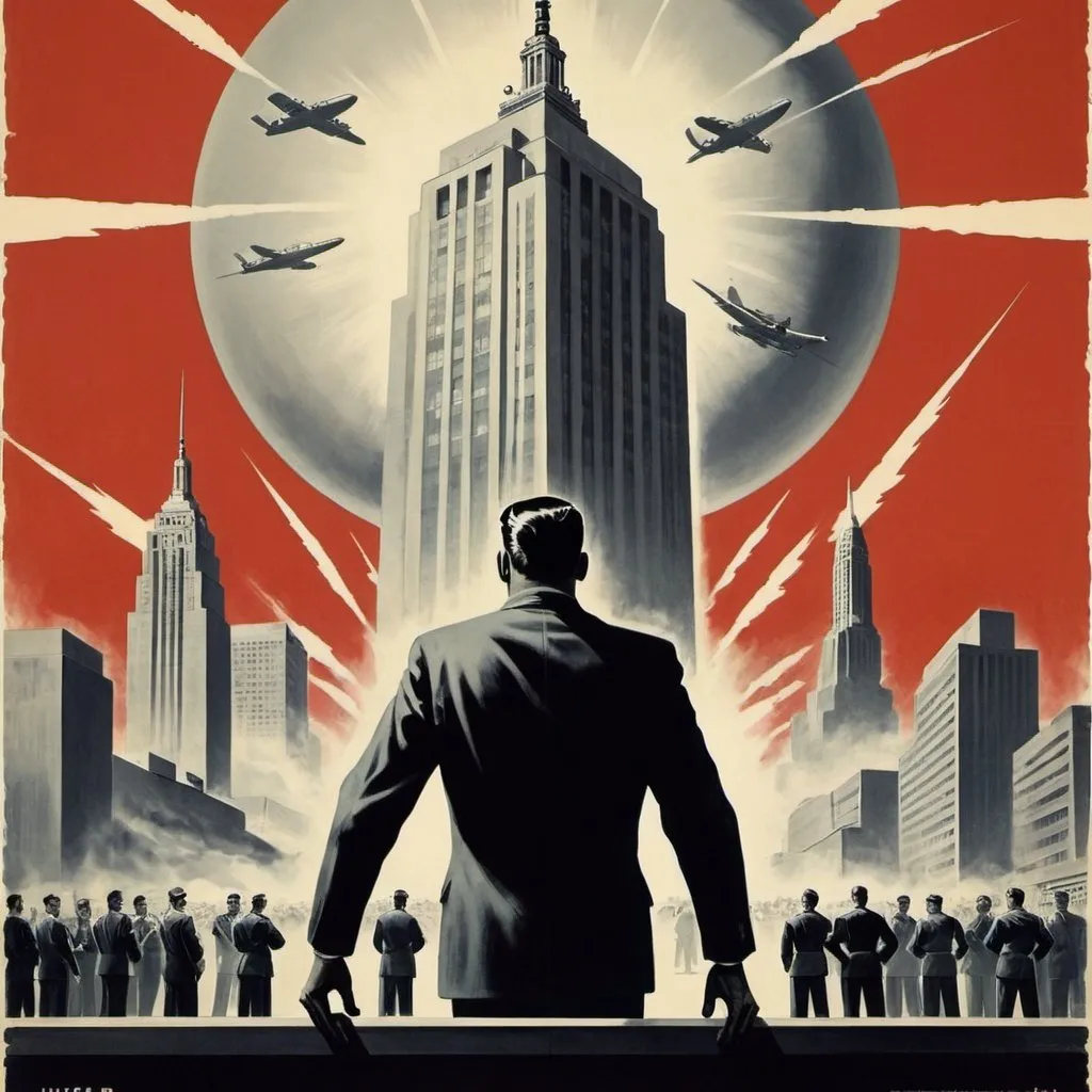 Prompt: Dystopian, poster, 50s, concept art, big corporate business, and USA cold war propaganda.
