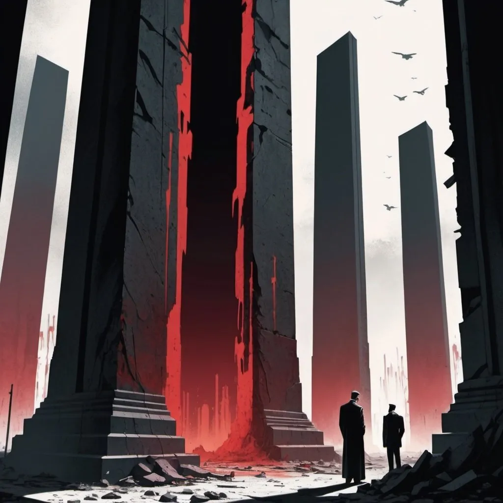 Prompt: Dystopian , poster, 50s, concept art, Bloody boodies around a strange broken monolith of panels and dark tech,  a man made of shadow shapes stands in front looking at the pillar. and USA 50's propaganda.

