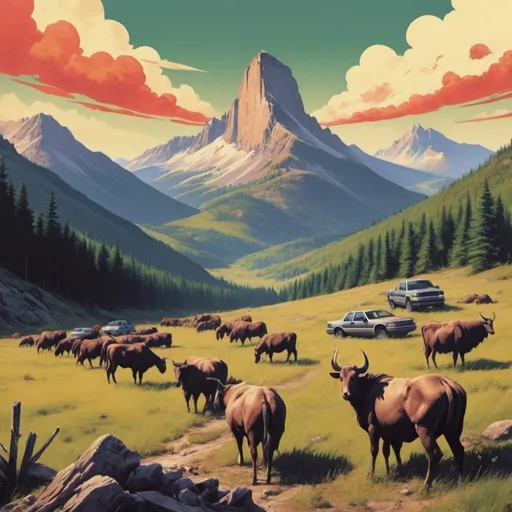 Prompt: Dystopian , poster, 90s, concept art, wild pastoral mountain landscape, and USA 90's propaganda.

