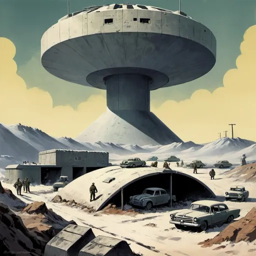 Prompt: Dystopian, poster, 50s, concept art, about bunkers, and USA cold war propaganda.
