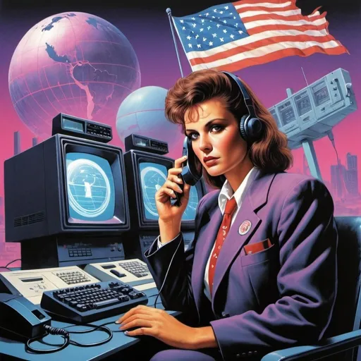 Prompt: Dystopian, poster, 80s, concept art, telecommunications internet business, and USA 80's propaganda.
