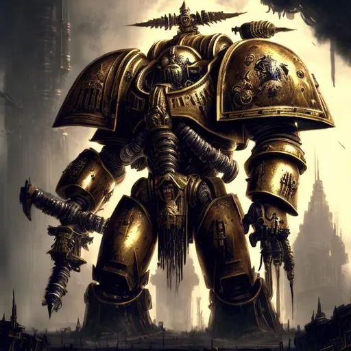 Prompt: Exotic,High detail, complex, Art station,Bold, space marine, tall, gold armor,foggy, dark atmosphere, 40k, gritty, imperial, deadly, huge, towering, imposing
