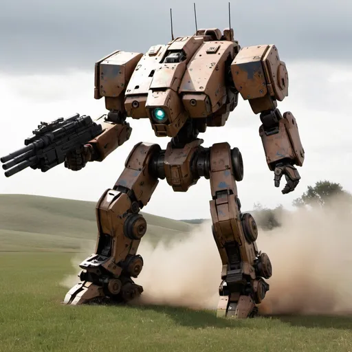 Prompt: Battle mech "Sentinel" on the open field, firing into the distance, with heavy battle damage.