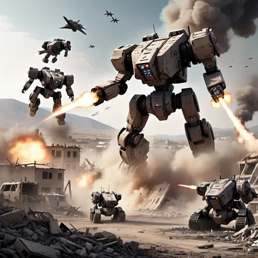 Prompt: 4 Battle-tech Battlemech's on a field of rubble that was once a city, smoke rising on the horizon drop pod in the sky, under attack by fighter jets.