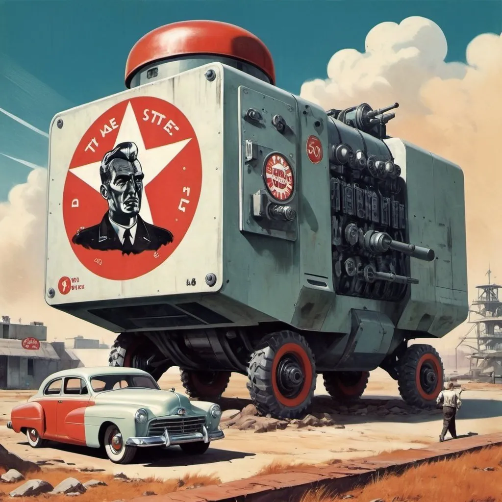 Prompt: Dystopian , poster, 50s, concept art,  machine gum emplacement, and 50's propaganda.


