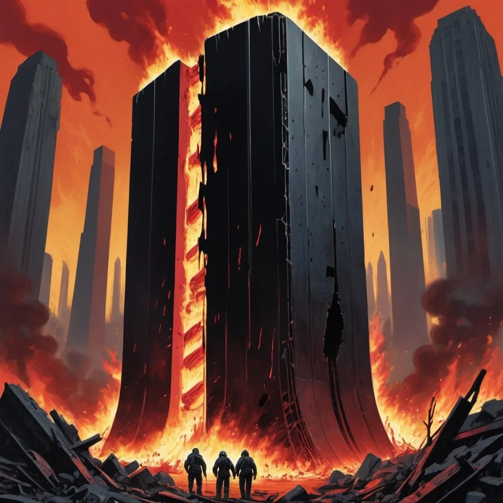 Prompt: Dystopian , poster, 50s, concept art, Bloody Boodies around a strange broken monolith of panels and dark tech, huge dark machine covered in flames. and USA 50's propaganda.

