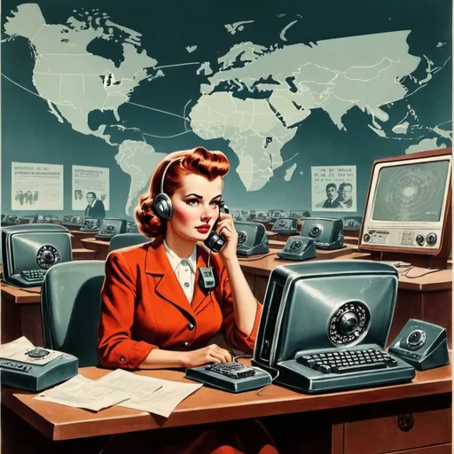 Prompt: Dystopian, poster, 50s, concept art, telecommunications internet business, and USA cold war propaganda.
