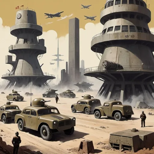 Prompt: Dystopian , poster, 50s, concept art, Bukers secure, emplacements, and 50's propaganda.


