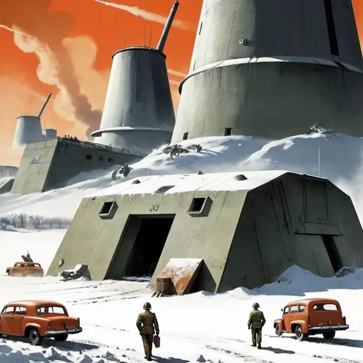 Prompt: Dystopian, poster, 50s, concept art, about bunkers, and USA cold war propaganda.
