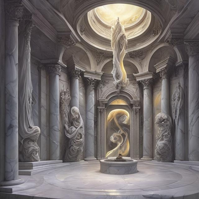 Prompt: STYLE Boris Vallejo ART STATION DETAILED White marble crypt rooms with swirling magic and undead MAGE
