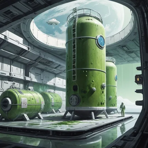 Prompt: Dystopian, poster, 50s, concept art, Algae vats on a space station, spaceX, and USA cold war propaganda.
