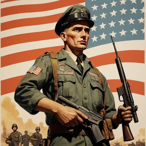 Prompt: Dystopian , poster, 50s, concept art, Bukers,secuirty,army,  and USA 50's propaganda.


