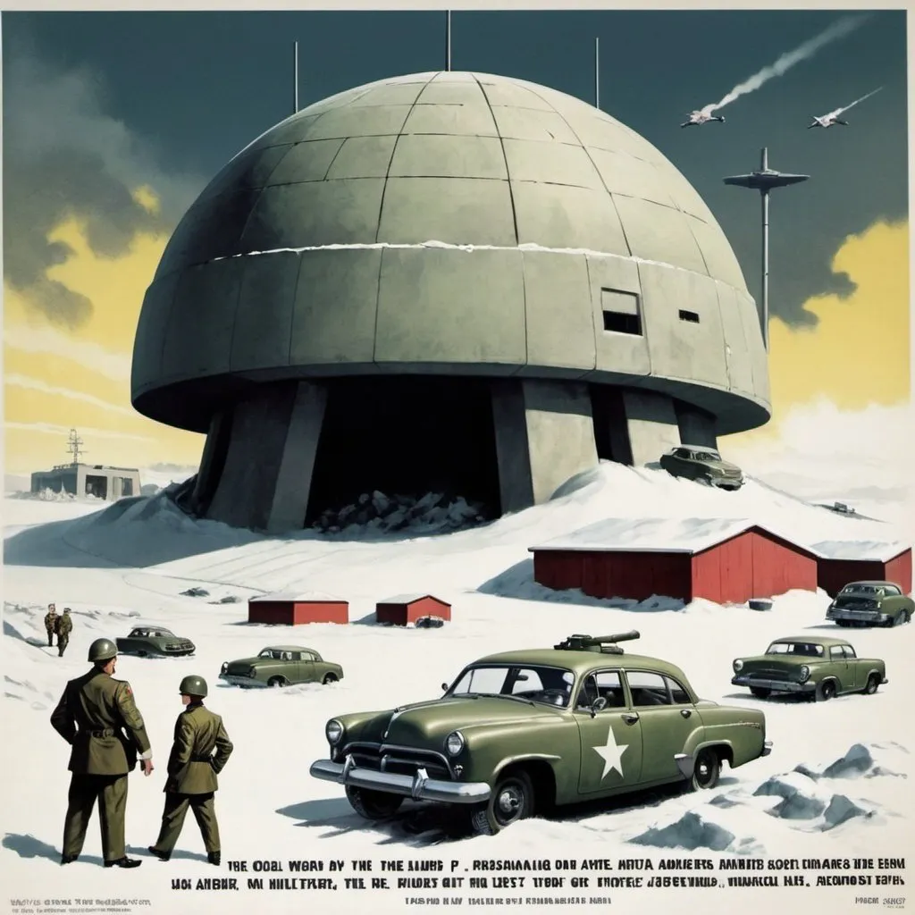 Prompt: Dystopian, poster, 50s, concept art, about bunkers, and USA cold war propaganda.
